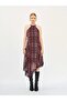 Women's Plum Plaid Patterned Halter Neck Lace Detailed Asymmetrical Midi Dress - 2