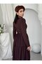 Women's Coffee Color Long Sleeve Crew Neck Back Tie Layered Chiffon Midi Dress - 5