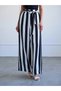 Women's Black Striped Elastic Waist Belted Wide Leg Long Woven Trousers - 4