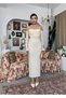 Women's Beige Lace Midi Dress Strappy Off Shoulder Long Sleeve Draped - 4
