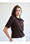 Women's Coffee Color Polo Collar Padded Short Sleeve Buttoned Regular Fit Blouse - 4