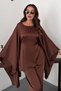 Women's Brown Top and Bottom Set with Cape Detail, Boat Neck, Long Sleeves, Wide Leg Pants Set - 3
