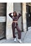 Women's Brown Lace Detailed Top and Bottom Set with Elastic Waist - 4