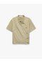 Cotton Buttoned Off-Shoulder High-Neck Short-Sleeved Shirt