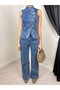 Women's Blue Bustier High Neck Sleeveless Buttoned Denim Look Slim Fit Short - 4