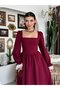 Women's Burgundy Midi Dress Square Neck Gathered Waist Lace Detailed Long Balloon Sleeves - 7