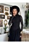 Women's Black Lace Midi Dress High Neck Long Sleeve Gathered Flared Cut