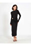 Women's Black Front Draped Accessory Detailed Slit Long Sleeve Midi Dress - 4