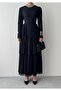 Women's Black Long Sleeve Crew Neck Back Tie Layered Chiffon Midi Dress - 2