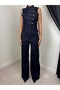 Women's Dark Blue Bustier High Neck Sleeveless Buttoned Denim Look Slim Fit Short - 3