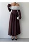 Women's Coffee Color Off-The-Shoulder Floral Appliqué Long Sleeve Midi Evening Dress - 2