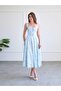Women's Baby Blue Strappy Floral Patterned Square Neck Gathered Lace Hem Midi Dress - 5