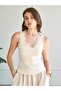 Women's Beige Lace Detailed U-Neck Strap Slim Fit Viscose Blouse - 2
