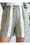 Women's Green Shirt Shorts Set Ethnic Patterned Lace-Up Waist Short Sleeve - 4