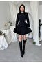 Women's Black Flounce Mini Dress Crew Neck Long Sleeve Peplum Cut - 8