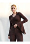 Women's Coffee Color V-Neck Front Gathered Flounce Sleeve Long Sleeve Slim Fit Blouse - 2