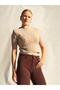 Women's Beige Crop Knit Sweater Crew Neck Short Sleeve Openwork Textured - 8