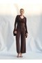 Women's Coffee Color V-Neck Front Gathered Flounce Sleeve Long Sleeve Slim Fit Blouse - 5