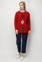 Women's Crew Neck Diamond Embroidered Hair Braided Wool Sweater Dark Red - 2