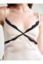 Women's Beige Thin Strap V-Neck Lace Detailed Satin Mini Flared Dress