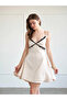 Women's Beige Thin Strap V-Neck Lace Detailed Satin Mini Flared Dress - 3