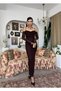 Women's Coffee Lace Midi Dress Strappy Off Shoulder Long Sleeve Draped - 4