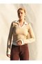 Women's Beige Shirt Collar Contrast Detailed Long Sleeve Knitted Blouse - 6