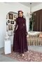 Women's Plum Lace Midi Dress High Neck Long Sleeve Gathered Flared Cut - 4
