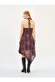 Women's Plum Plaid Patterned Halter Neck Lace Detailed Asymmetrical Midi Dress - 4