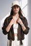 Women's Oversized Zippered Jacket with Belted Hem - Bitter Brown - 4