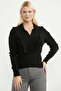 Polo Collar Ruffled Knit Sweater - Black