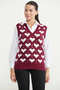 Heart Motif V-Neck Knit Sweater - Claret Red - 2