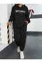 Happiness Printed Black Hooded Bottom Top Black Oversize Women's Tracksuit Set - 4