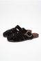 Women's Black Suede Gold Buckle Belt Strap Flat Sole Slippers 50021004