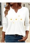 Printed Cotton Half V-Neck Long Sleeve Blouse T-Shirt
