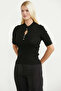 Drop Collar Short Sleeve Knitwear Sweater - Black - 3