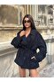Women's Black Double Button Oversized Short Trench Coat with Tie Detail