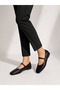 Women's Black Leather Strappy Ballerinas with Gold Buckle, Square Toe, Daily Stylish and Comfortable Ballerinas - 6