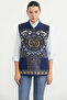 Floral Motif Wool Knitwear Vest - Navy Blue