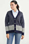 Oversize Patterned Knitwear Cardigan - Navy Blue - 4