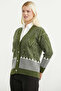 Oversize Patterned Knitwear Cardigan - Green - 5