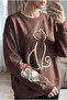 Brown Cat Embroidered Beaded 100% Cotton Sweatshirt