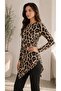 Women's Large Leopard Patterned Asymmetrical Hem Cutout Crew Neck Viscose Elastane Tunic Blouse - 6