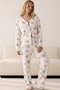 Pink Large Floral Pattern Soft Tuşe Winter Ribbed Cotton Knitted Buttoned Cardigan Pajama Set 8073 - 2