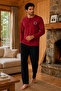 Combed Cotton Knitted Cotton Men's Long Sleeve Placketed Arma Embroidered Pocketed Claret Red Pajama Set - 2