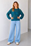 Women's Petrol Blue Crew Neck Openwork Knitwear Blouse