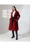 Women's Burgundy Belted Wide Collar Long Sleeve Oversize Cashmere Coat Double Breasted Midi Length - 2
