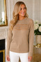 Women's Round Neck Long Sleeve Front and Back Lace Detailed Openwork Soft Comfortable Fit Camel Knitwear Sweater - 6