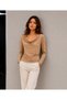 Women's Beige Color Degaje Collar Long Sleeve Pleated Sandy Fabric Blouse