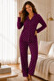 Purple Background White Heart Pattern Bamboo Knitted Women's Buttoned Long Sleeve Pajama Set - 2